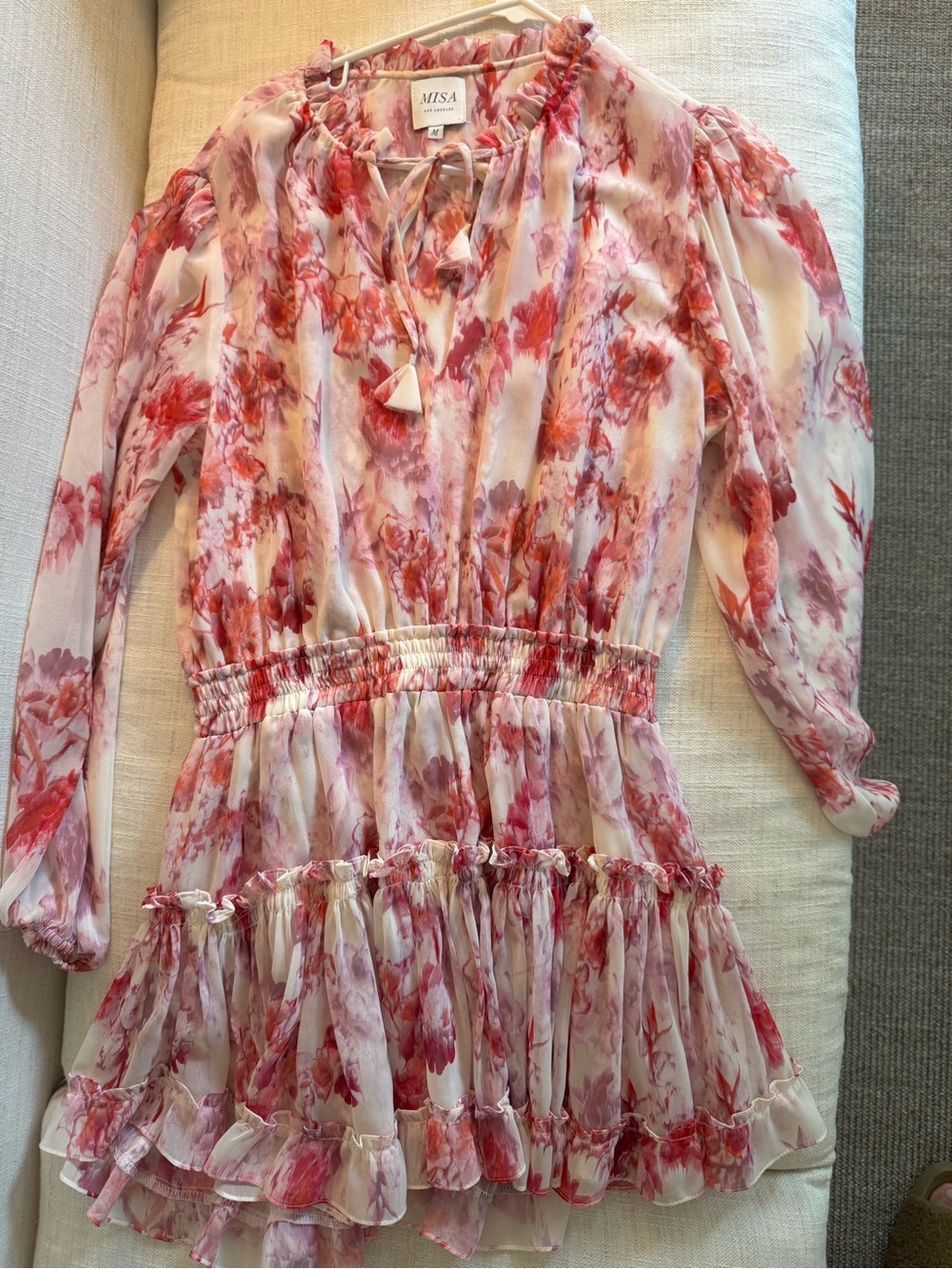 Misa Los Angeles Pink & Red Floral Chiffon Ruffle Dress